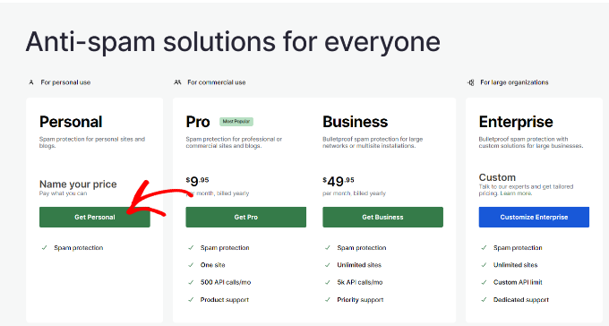 Choose a pricing plan Choose personal account in akismet