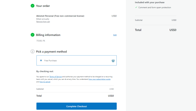 Create an account on Akismet Complete akismet checkout process