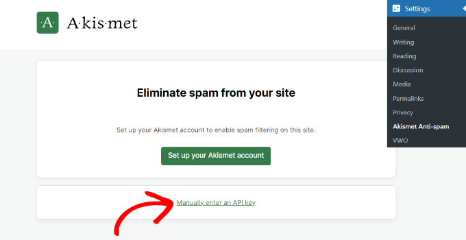 Manually enter an API key Enter the akismet API key