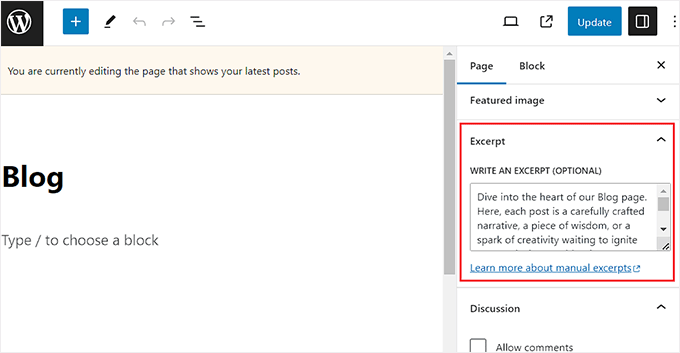 Add page excerpts in the Excerpts tab in the block panel Add page excerpts in the Excerpts tab in the block panel