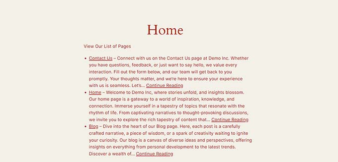 Page excerpts preview in the WordPress block theme Page excerpts preview in the WordPress block theme