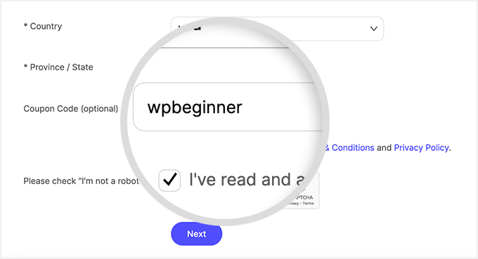 Entering the coupon code wpbeginner Entering the coupon code wpbeginner