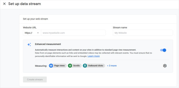 Enter website URL and stream name Enter website URL and stream name