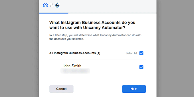 Choose the Instagram business account and click the Next button Choose the Instagram business account and click the Next button