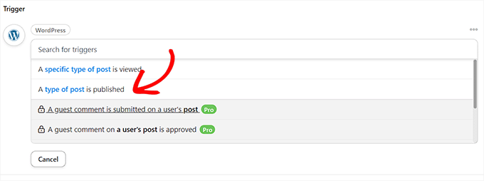 Choose a trigger for WordPress action Choose a trigger for WordPress action