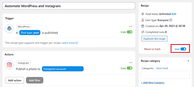 Toggle the switch to automate WordPress and Instagram Toggle the switch to automate WordPress and Instagram