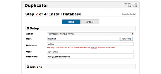 Enter database details Enter database details