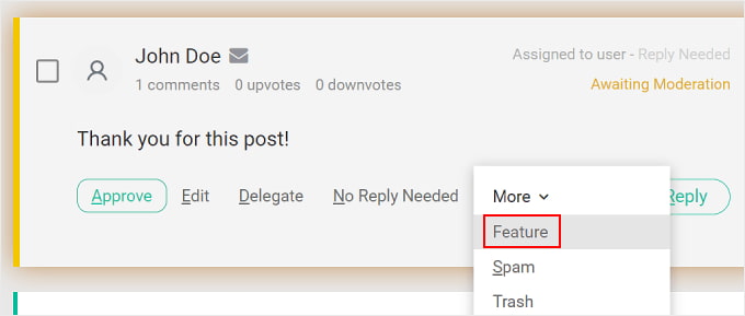Clicking the 'Feature' option in the Thrive Comments plugin Clicking the 'Feature' option in the Thrive Comments plugin