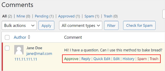 The WordPress comment action links The WordPress comment action links