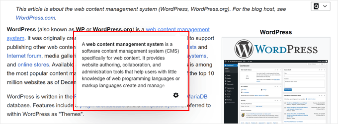Open background settings in SeedProd Live link preview example by Wikipedia