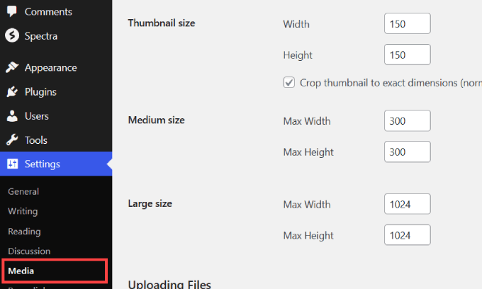 WP media settings WP media settings