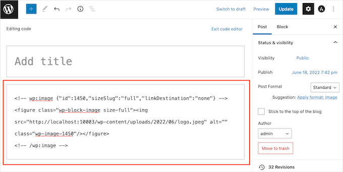 How to customize an embedded social media feed The wp:image string in WordPress code editor