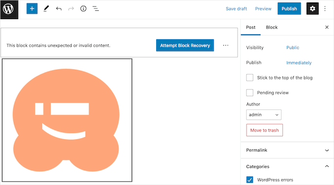 Creating a custom code to display the total comment count using WPCode An image border error message in WordPress block editor