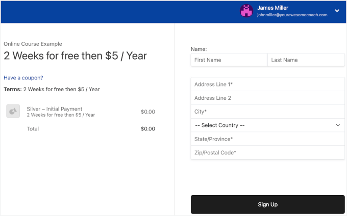 Silver membership sign up page
