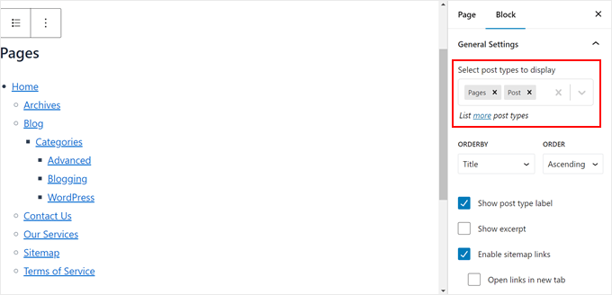 Choosing a post type to display in the sitemap in block editor Choosing a post type to display in the sitemap in block editor