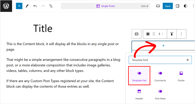 WordPress için Kolayca Hazırlama Sitesi Oluşturma (Adım Adım) Adding a template part in the Single Posts template