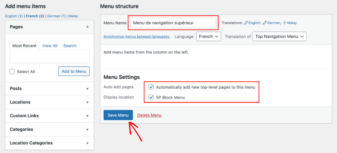 WPML translate menu to French example