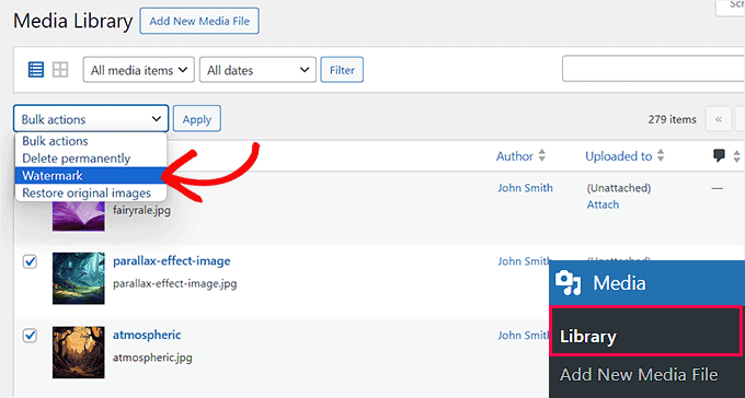 Choose watermark option on the media library page Choose watermark option on the media library page