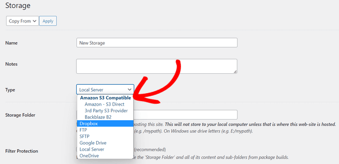 A choice of backup storage locations in Duplicator A choice of backup storage locations in Duplicator