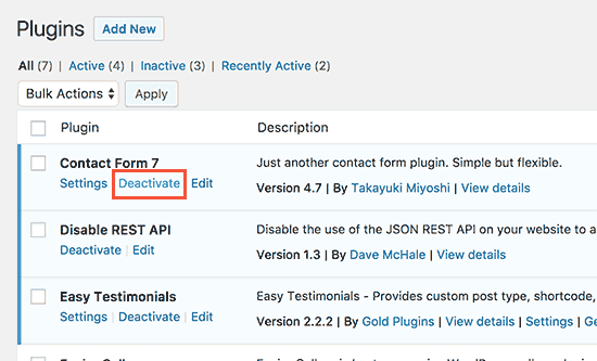 Deactivate plugins Deactivate plugins