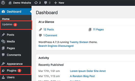 WordPress update notifications inside admin area WordPress update notifications inside admin area
