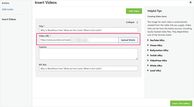 Add video URL, title, caption, and alt text Add video URL, title, caption, and alt text