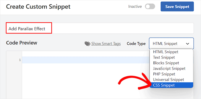 Choose the CSS Snippet option for the Parallax code snippet Choose the CSS Snippet option for the Parallax code snippet