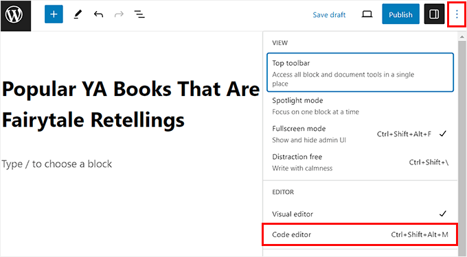 Switch to the code editor from the three-dot menu icon Switch to the code editor from the three-dot menu icon