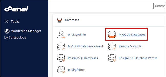 Opening the MySQL Databases page on cPanel Opening the MySQL Databases page on cPanel