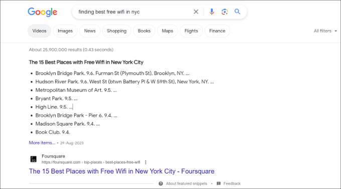 A search term displaying Google Answer Box Answer box example on google
