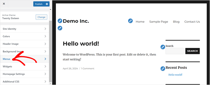 Serviço Quicksite Selecting Menus in Theme Customizer