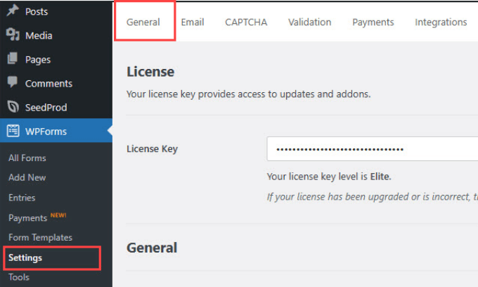 General settings in WPForms General settings in WPForms