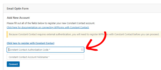 Paste Constant Contact authorization code Paste Constant Contact authorization code