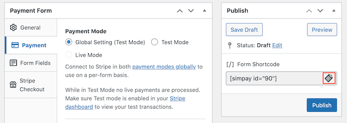 Copying the credit card payment shortcode Copying the credit card payment shortcode