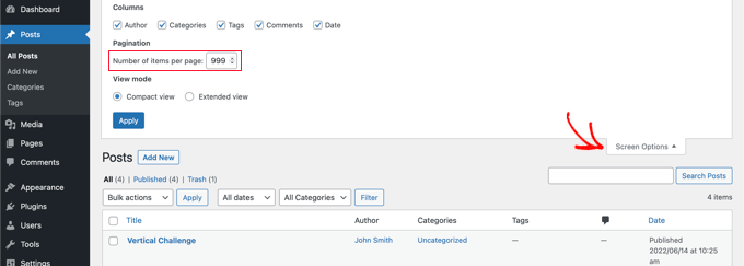 Use Screen Options to Display 999 Posts at a Time Use Screen Options to Display 999 Posts at a Time
