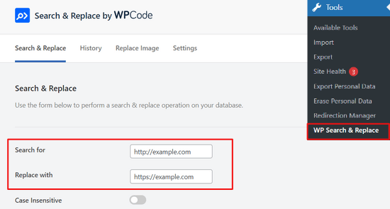 Search and replace Add URLs into the search and replace fields