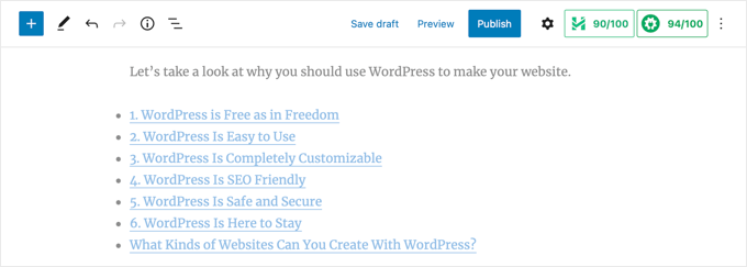 Table of contents preview Your Table of Contents is a List of Links to Headings in the Post or Page