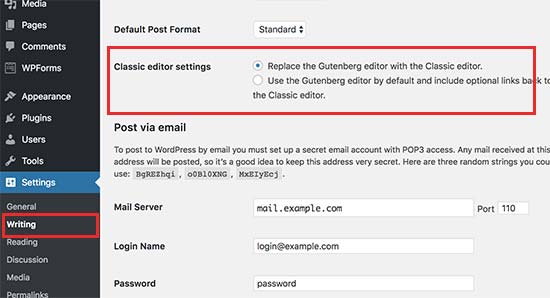 Classic editor settings Classic editor settings