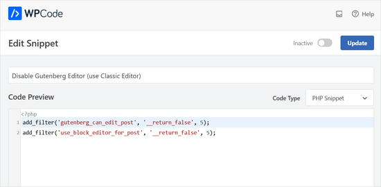 Set up ClickSocial WPCode Disable Gutenberg (use Classic Editor) snippet