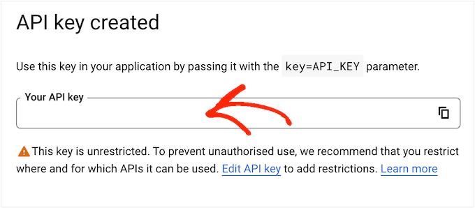 An example of a Google API key, created in the Cloud Console An example of a Google API key, created in the Cloud Console