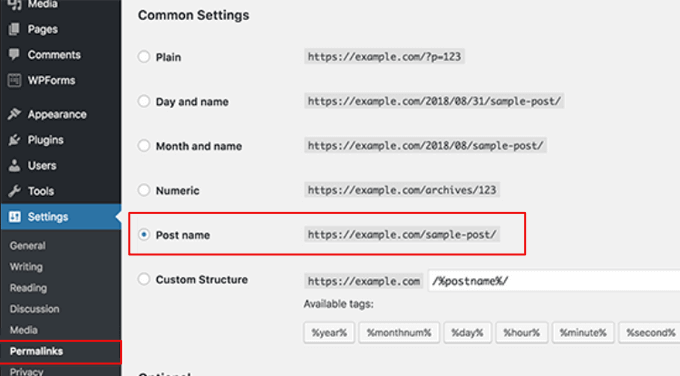 WordPress' permalink settings WordPress' permalink settings