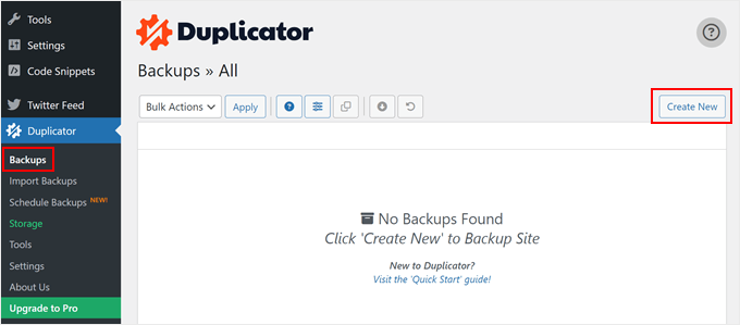 Create new duplicator package Creating a new backup with Duplicator