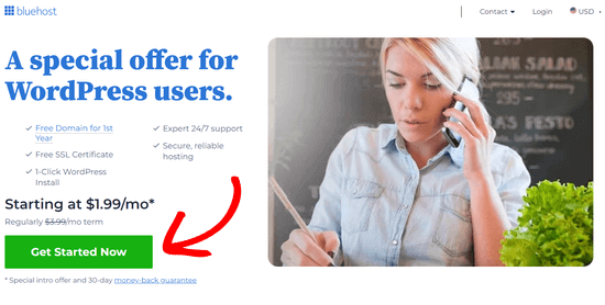 Clicking the Get Started button in the Bluehost website Bluehost get started now