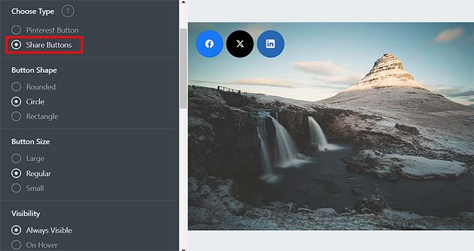 Choose social share buttons or Pinterest button to display on top of images Choose social share buttons or Pinterest button to display on top of images