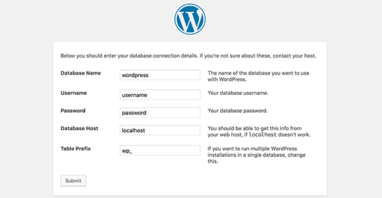 Enter database information for WordPress installation Enter database information for WordPress installation