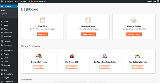 SiteGround custom WordPress admin dashboard SiteGround custom WordPress admin dashboard