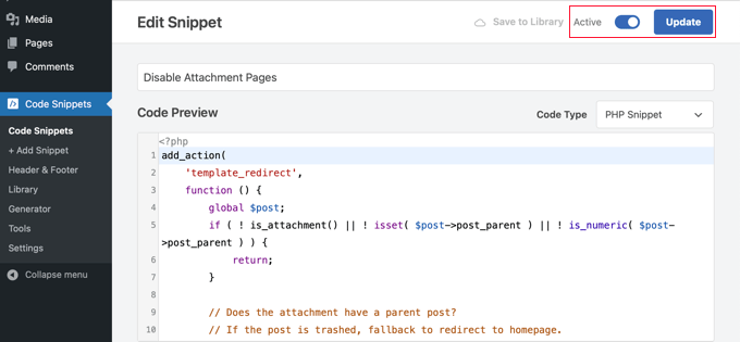 Activate and Update the WPCode Snippet Activate and Update the WPCode Snippet