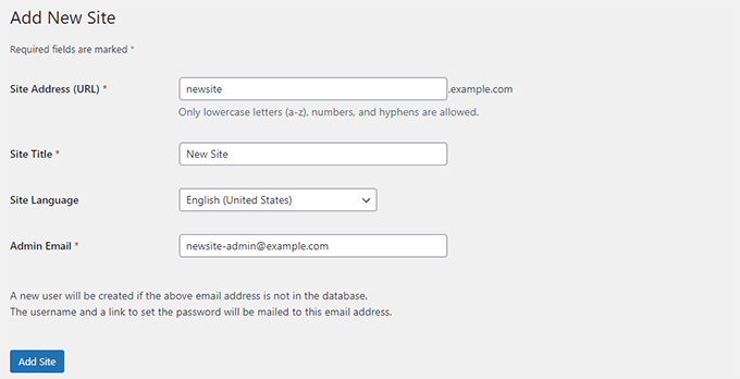 Adding new site details Adding new site details