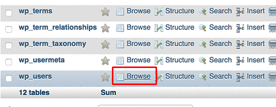 Browse user table Browse user table