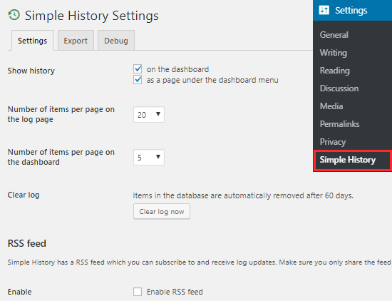 Simple History plugin settings page Simple History plugin settings page
